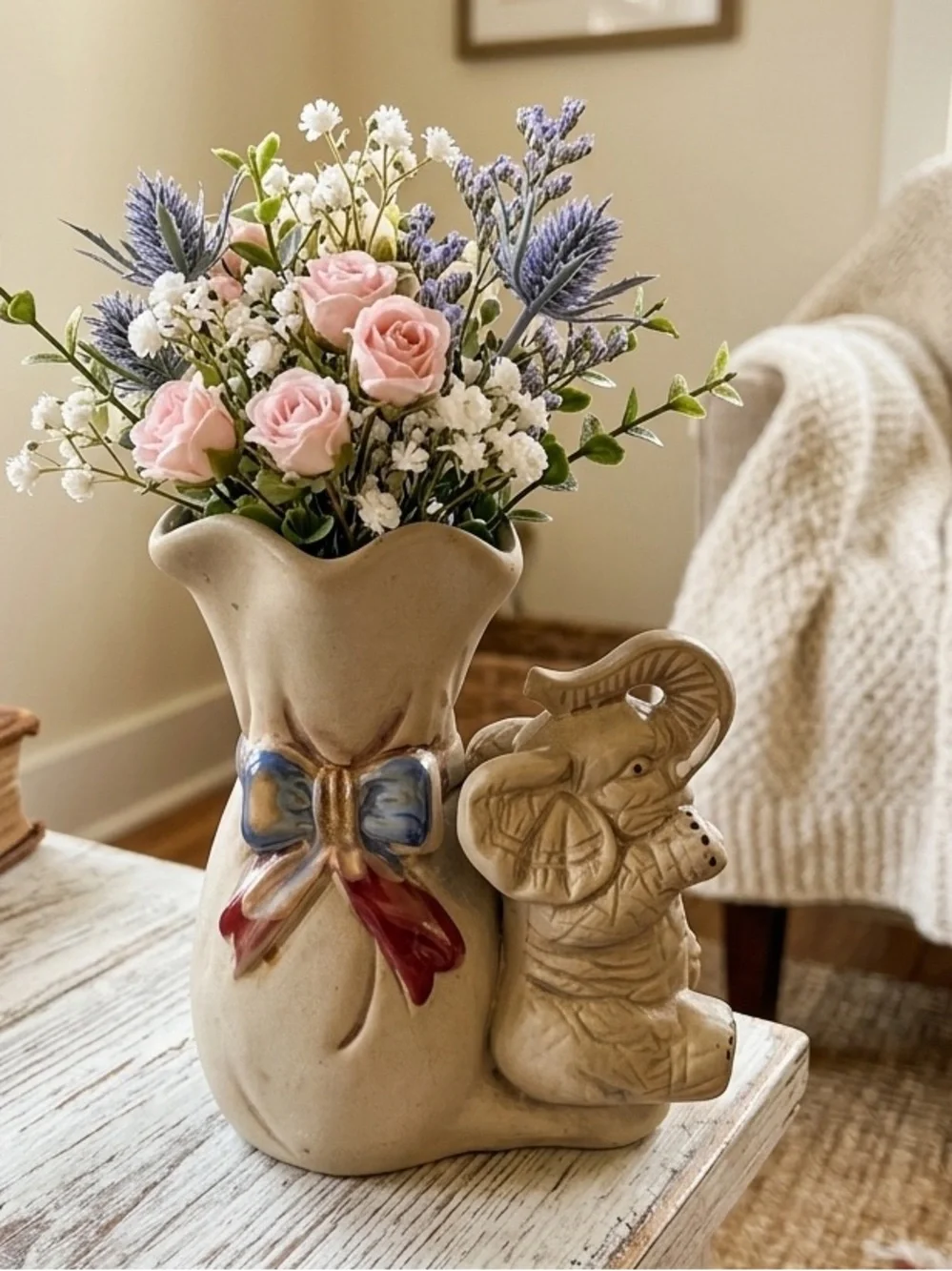 Vintage small Ceramic Elephant Vase with Bow Accent - Beige with Red & Blue